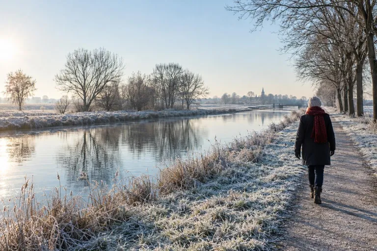 Een vrouw met grijs haar, muts en rode sjaal wandelt van ons af langs een berijpte vaart op een heldere wintermorgen
