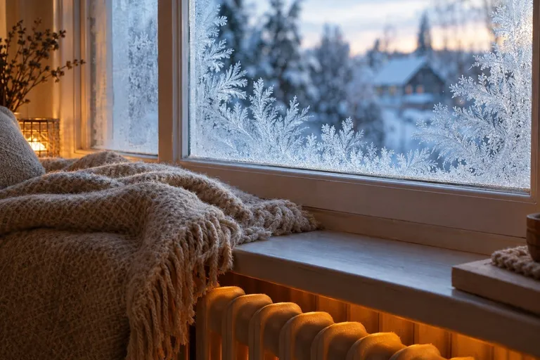 Een winters raam met ijsbloemen, warm licht binnen en een radiator onder de vensterbank