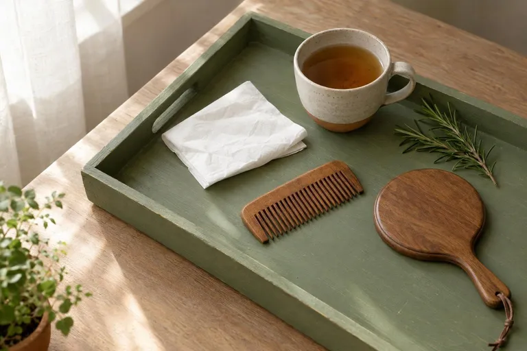 Een saliegroen dienblad met een tissue, een kop thee, een houten kam, een handspiegel met de achterkant boven en rozemarijn
