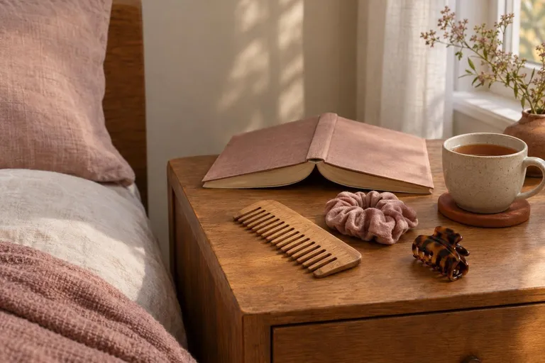 Een houten nachtkastje met een brede kam, een oudroze scrunchie, een haarklem, een opengeslagen boek en thee