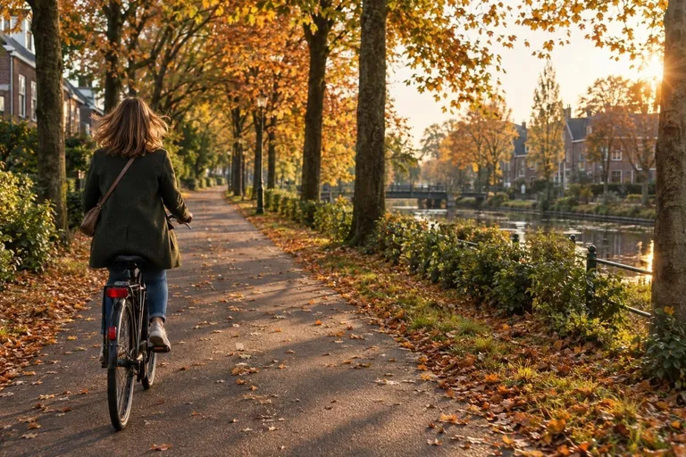 Een vrouw fietst van ons af over een fietspad met herfstbladeren, haar fijne haar waait op in de wind