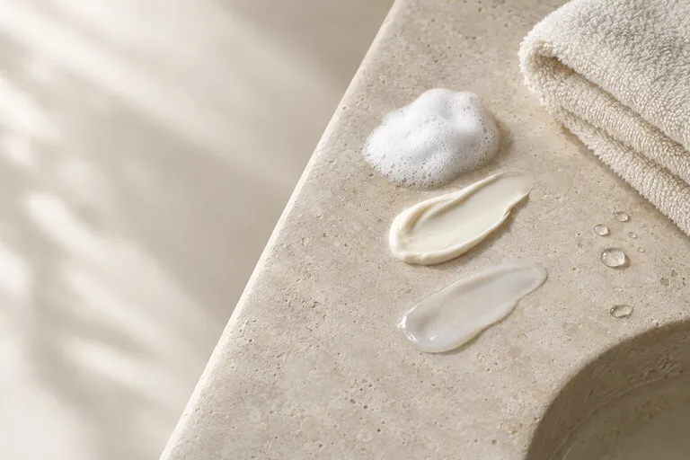 Schuim, een veeg crème en een lichte lotion op de rand van een stenen wastafel, naast een opgevouwen handdoek