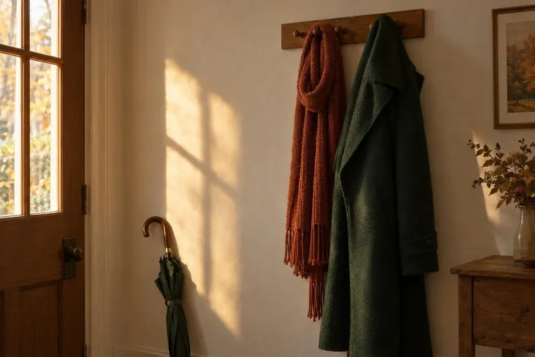 Een donkergroene wollen jas en een roestkleurige sjaal aan een kapstok in de gang, met herfstzon op de muur