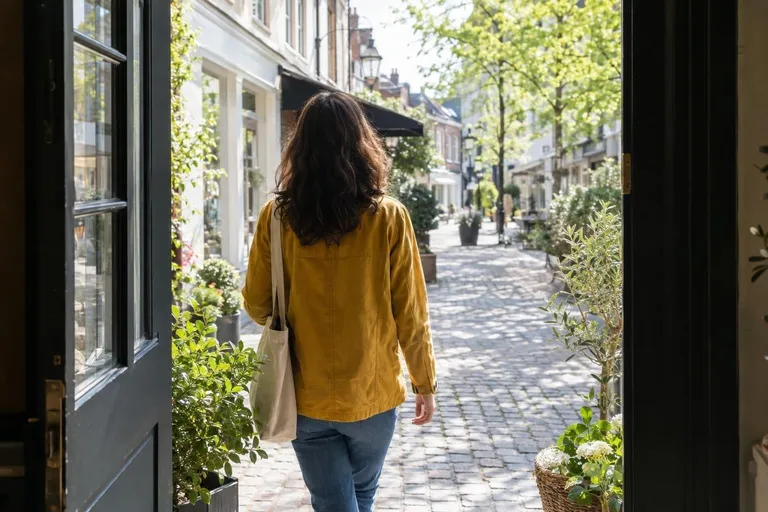 Iemand in een okergele jas loopt van ons af een winkeldeur uit, de zonnige winkelstraat in