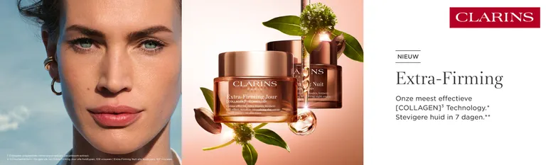 Clarins Extra-Firming: close-up van een vrouwengezicht naast potjes Extra-Firming dag- en nachtcrème