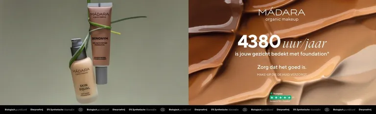 Mádara organic makeup: Skin Equal en Skinonym foundation naast de tekst 'Make-up die de huid verzorgt'