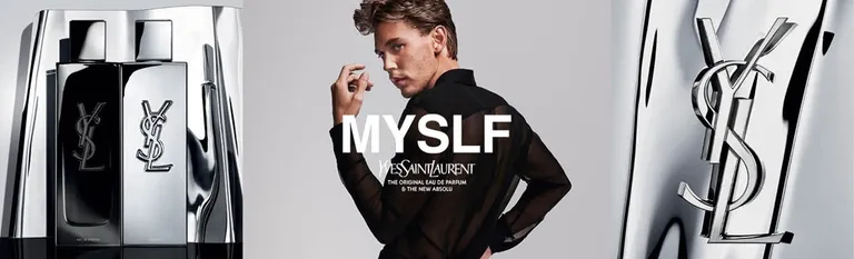 Yves Saint Laurent MYSLF: man in zwart overhemd tussen zwarte parfumflessen en het YSL-logo