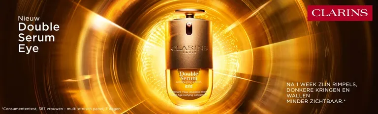 Nieuw: Clarins Double Serum Eye, een gouden flacon oogserum in een stralenkrans van licht. Tekst: na 1 week zijn rimpels, donkere kringen en wallen minder zichtbaar.