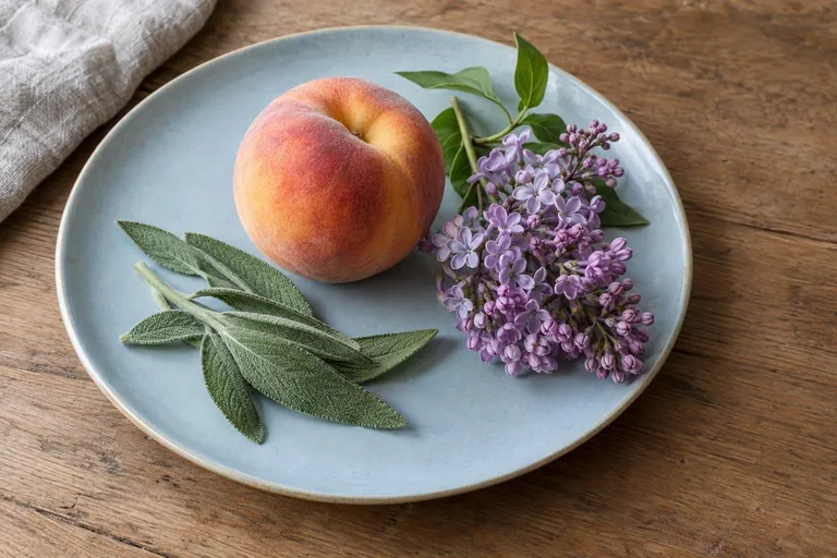 Een perzik, salieblaadjes en een takje sering op een lichtblauw bord, op een houten tafel