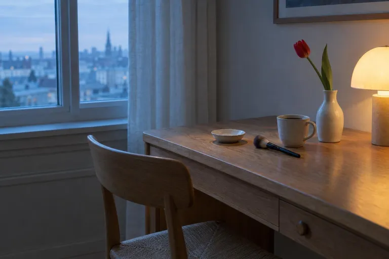 Een kaptafel bij het raam in het vroege blauwe ochtendlicht, met een lamp, een kop koffie, een kwast en een rode tulp